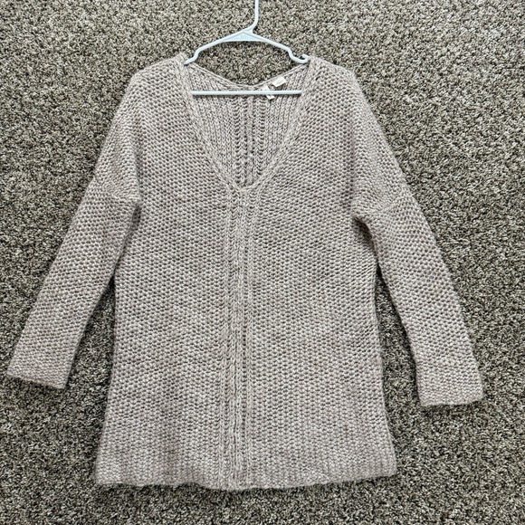 Moth Women XS Beige Chunky Alpaca Wool Blend Deep V Tunic Sweater Cozy Knit Boho - Picture 1 of 7
